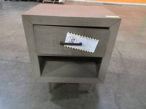 lot 227 image: Abbyson Retro Mid-Century Wood Nightstand, Grey, SS-7386-1710-GRY - Drawer off Glide.