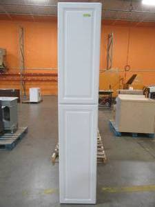 lot 243 image: Hampton Bay Hampton Satin White Raised Panel Stock Assembled Pantry Kitchen Cabinet (18 in. x 96 in. x 24 in.) - Scratch and Dent, Needs some work.