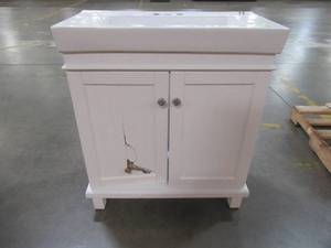 lot 245 image: Parkbridge 30 in. W x 15.10 in. D Vanity in White with Ceramic Vanity Top in White with White Sink - LH DOOR CRACKED.