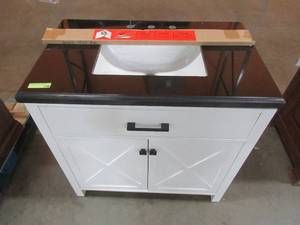 lot 252 image: Ainsley 36 in. W x 22 in. D Bath Vanity in White with Granite Vanity Top in Black (Cracked) with White Basin, 36W-B.