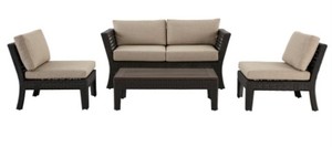 lot 641 image: Hampton Bay Tyler 4-Piece Steel Wicker Outdoor Patio Conversation Set with Beige Cushions, 710.197.000 - NEW Unclaimed Freight.