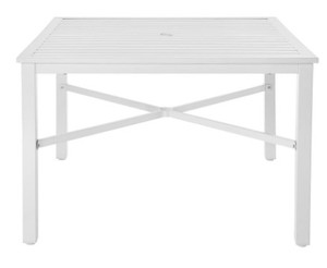 lot 642 image: Hampton Bay 42 in. Lattice White Square Metal Outdoor Dining Table with Slat Top, FTS70660-W - Unclaimed Freight.
