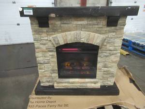 lot 637 image: Pembroke 40 in. Freestanding Faux Stone Infrared Electric Fireplace in Tan with Mantel - Scratched Top and Chip out of front corner.