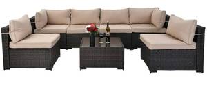 lot 299 image: 7-Piece Wicker Patio Conversation Sectional Seating Set with Beige Cushions (MISSING PIECES)