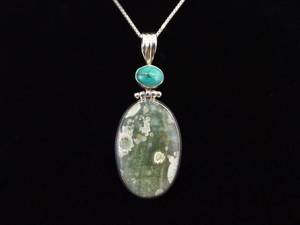 .925 Sterling Silver Malachite Accented Green Moss Agate Pendant Necklace