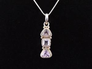 .925 Sterling Silver Trillion and Square Cut Amethyst Pendant Necklace