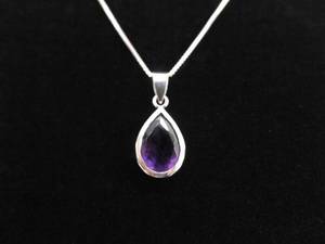 .925 Sterling Silver Pear Cut Amethyst Pendant Necklace