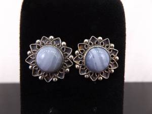 .925 Sterling Silver Blue Lace Agate Cabochon Post Earrings