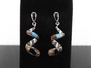 .925 Sterling Silver Opal, Onyx, and Tigers Eye Swirl Post Earrings