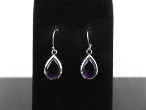 .925 Sterling Silver Pear Cut Amethyst Dangle Hook Earrings