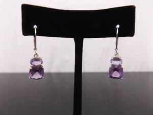 .925 Sterling Silver Amethyst Hook Latch Earrings