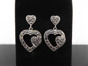 .925 Sterling Silver Art Nouveau Heart Dangle Post Earrings