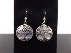 .925 Sterling Silver Abalone Tree of Life Dangle Hook Earrings