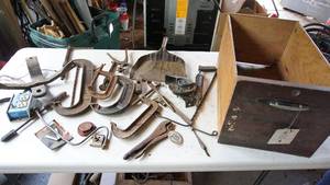lot 58 image: Drawer of vintage tools including huge C clamp Etc