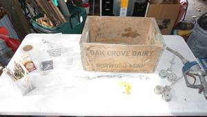 lot 59 image: Oak Grove Dairy compressed wood crate, lot including vintage tools etc