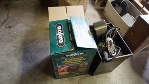 lot 72 image: Container full of miscellaneous surge protectors timers extensions electrical utility light etc., ALSO NIB ODJOB the revolutionary mixing system