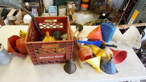 lot 88 image: Meadow Gold plastic crate of miscellaneous funnels