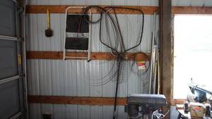 lot 141 image: Various lot including stepstool, bandsaw blades, fishing net, rod iron yard signs etc.