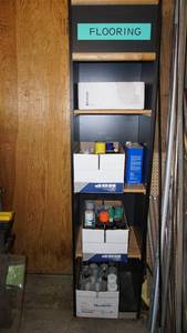 lot 160 image: Shelving unit and contents19 inches wide 16 inches deep 80 inches tall, includes all paint thinner, ketone, stone glamour etc.