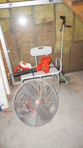 lot 170 image: 26 inch industrial fan works, 1 hp Sears craftsman power blower works, little wander Electric tree trimmer..works adjustable height medical bathtub seatbench, Rockwell double insulated electric groomer