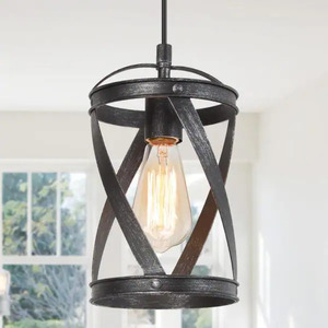 lot 61 image: Brushed Black Industrial Drum Island Pendant Light Modern Open Cage 1-Light Kitchen Bar Adjustable Hanging Light