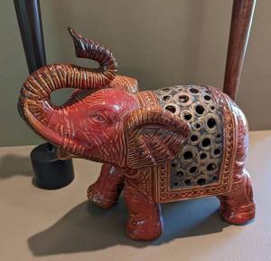 Ceramic Elephant and Carved Wood Figurines