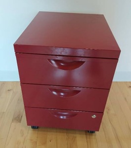 Red Three Drawer Filing Cabinet On Casters