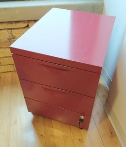 Red Three Drawer Filing Cabinet On Casters