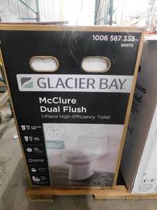 Glacier Bay 1-piece 1.1 GPF1.6 GPF High Efficiency Dual Flush Elongated Toilet in White Slow-Close, Seat Included