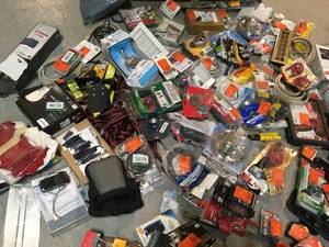 Gaylord full of assorted door knobs and hardware, plumbing items, small tools and accessories various types models and conditions customer returns see pictures