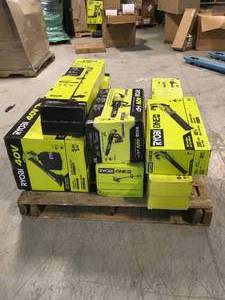 Pallet of assorted Ryobi Leaf Vacs, Jet Fan Vacs, Chainsaw, Trimmers, etc - various models and conditions Customer Returns - Review all pictures