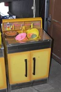 lot 135A image: Vintage Sears play kitchen - stove with microwave & sink multiple extras