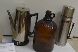 lot 131 image: Vintage Purex Half Gallon Brown Amber Glass Bottle Jug, coffee brewer and canister