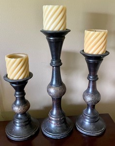 lot 72 image: Wooden Candle Holders with Metal Accents