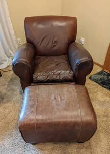 lot 4 image: Pottery Barn by Mitchell Gold Leather Armchair and Ottoman