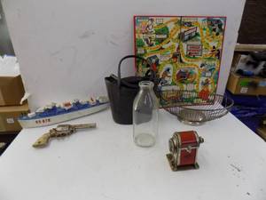 Vintage itemsToy metalWire basketMilk bottleGame boardPlastic Boat & more