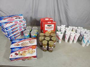 Assorted Hostess Snacks, Olives, Cake Icing, and More