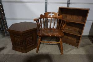 chair, end table, bookshelf