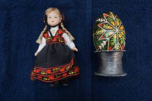 hand painted wood egg with pewter stand and small Scandinavian doll