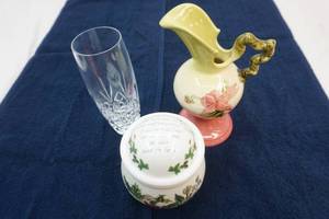 Waterford crystal vase, sugar bowl, decorative pitcher