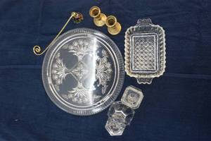crystal cake plate, candle holders, butter dish