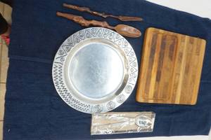 teakwood cutting board, salad servers, pewter serving tray