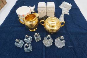 ceramic salt and pepper shakers with stand, cream and sugar containers