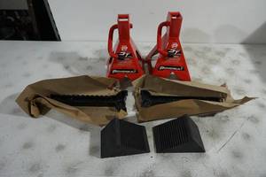 lot 172 image: NEW Powerbuilt 2 Ton Jack Stands and Wheel Chocks