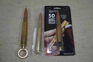 lot 64 image: Lucky Shot 50 Caliber BMG Bottle Opener, Corkscrew, Beer Tap Handle