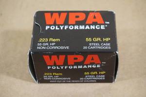 lot 98 image: 20 WPA Polyformance .223 Rem 55 Gr HP Steel Case Ammo