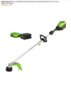 Greenworks PRO 16 in. 60V Battery Cordless Attachment Capable String Trimmer with 4.0 Ah Battery and Charger. See Pictures