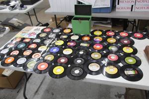 lot 666 image: Lot of (57) Vintage 45-rpm Record Albums with Hard Case