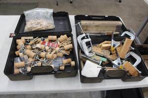 lot 677 image: Lot of (2 Plastic Cases) Assorted Guitar Making Tools and Parts