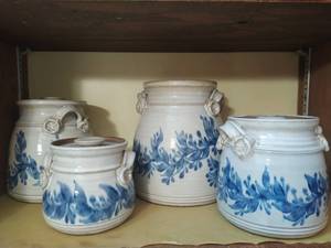 lot 61 image: Four stone wear kitchen storage jars by H. Anillou 1989Collection of 3 Dano Farrucci kitchen storage jars and more